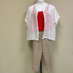 Eileen Fisher White Linen Blouse with Tangerine Tank and Tan Pants Set